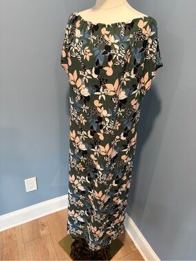 Aila Blue Tropical Floral Maxi Dress Medium Off Shoulder Resort Boho